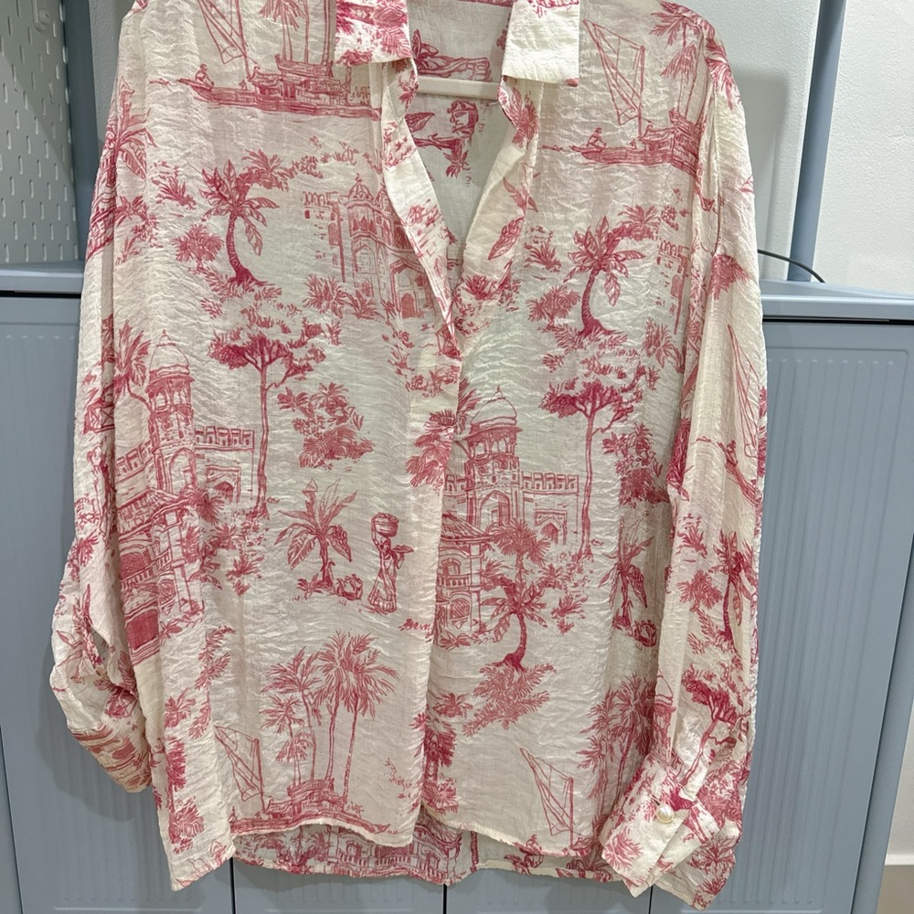 Women's Toile De Jouy Blouse Sheer Cotton Top uni size